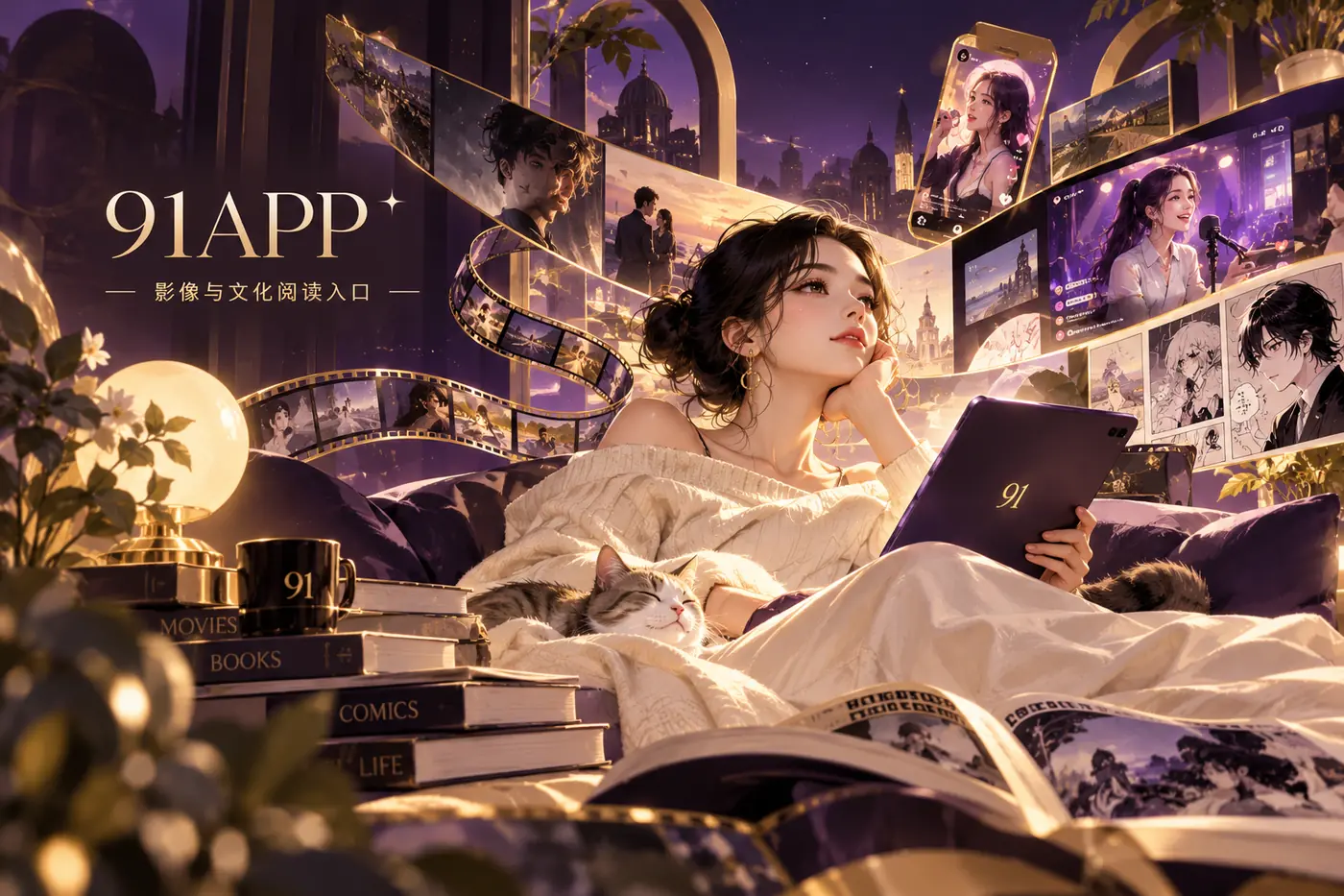 紫色与金色构成的影像文化专题主视觉